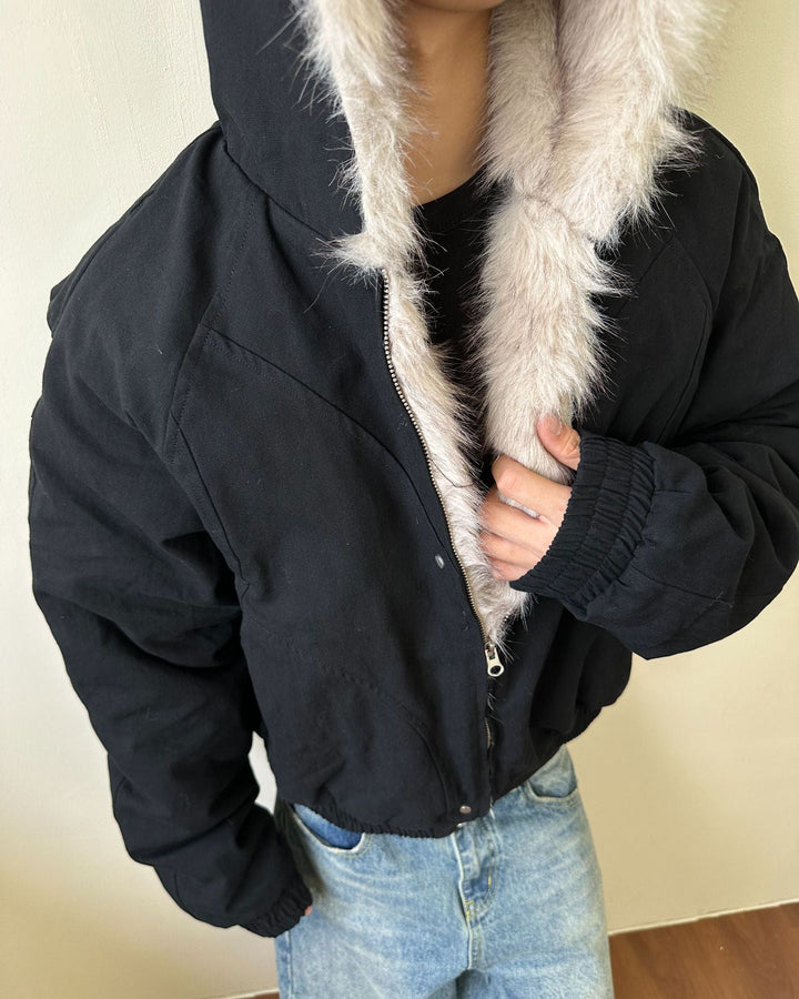 Structured Faux Fur Collar Padded Hooded Jacket