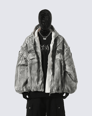Distressed Embroidered Padded Hooded Jacket
