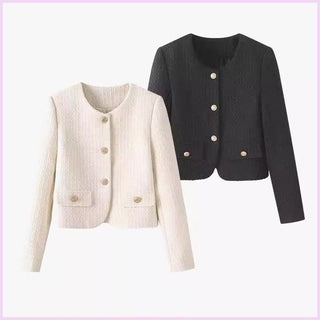 Damer elegant kort jakke i tweed stil med gullknapper Skjora