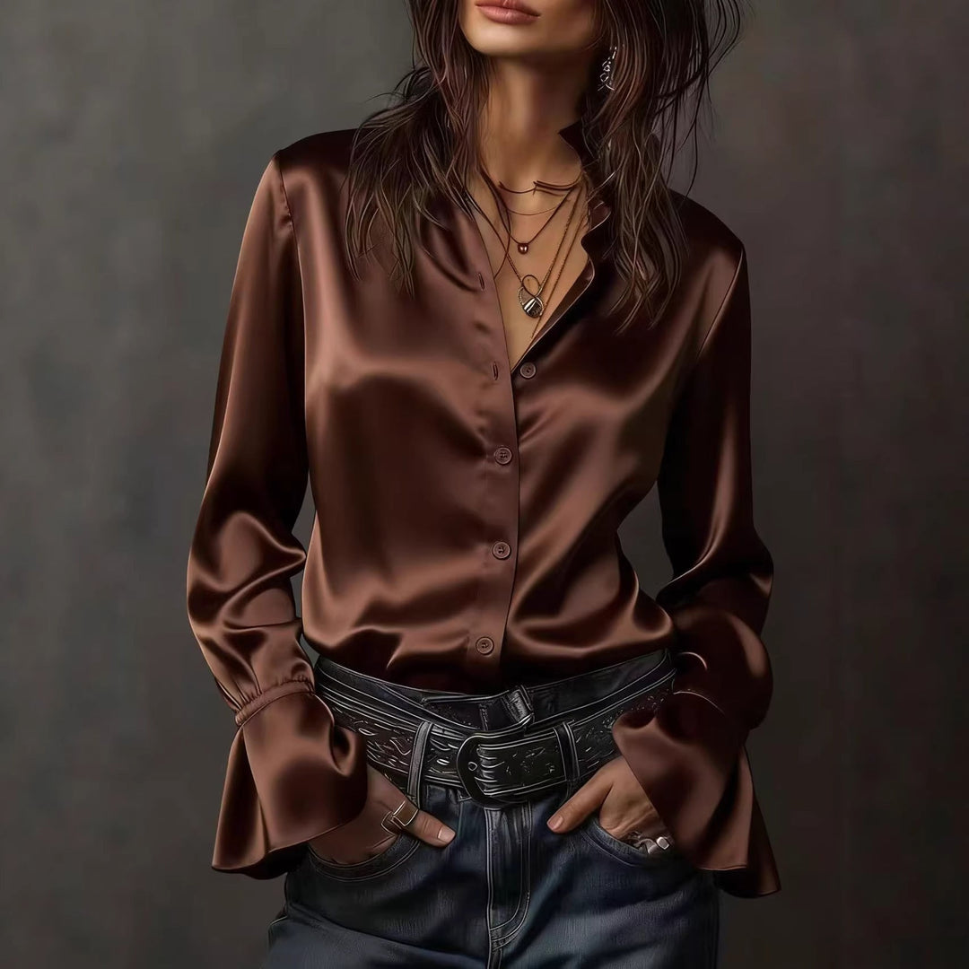 Dame Elegant Silke bluse med rysjer på ermene Skjora
