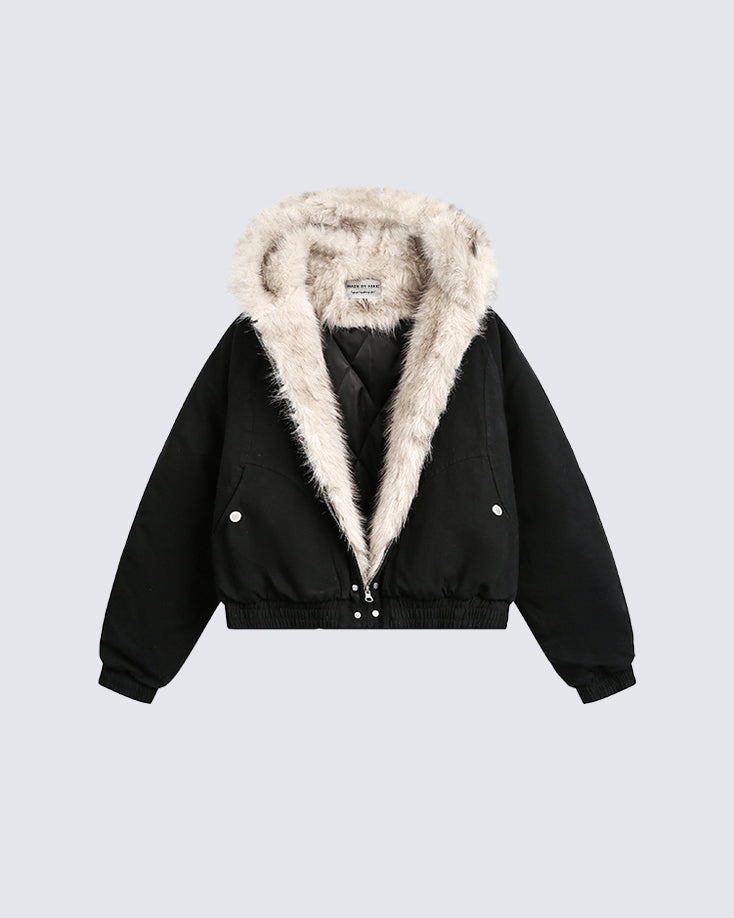 Structured Faux Fur Collar Padded Hooded Jacket