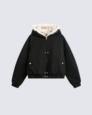 Structured Faux Fur Collar Padded Hooded Jacket
