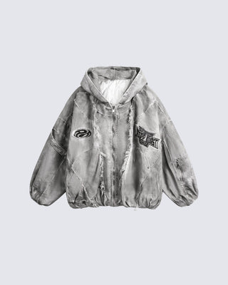 Distressed Embroidered Padded Hooded Jacket