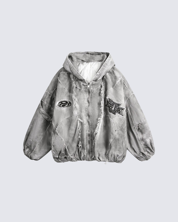 Distressed Embroidered Padded Hooded Jacket